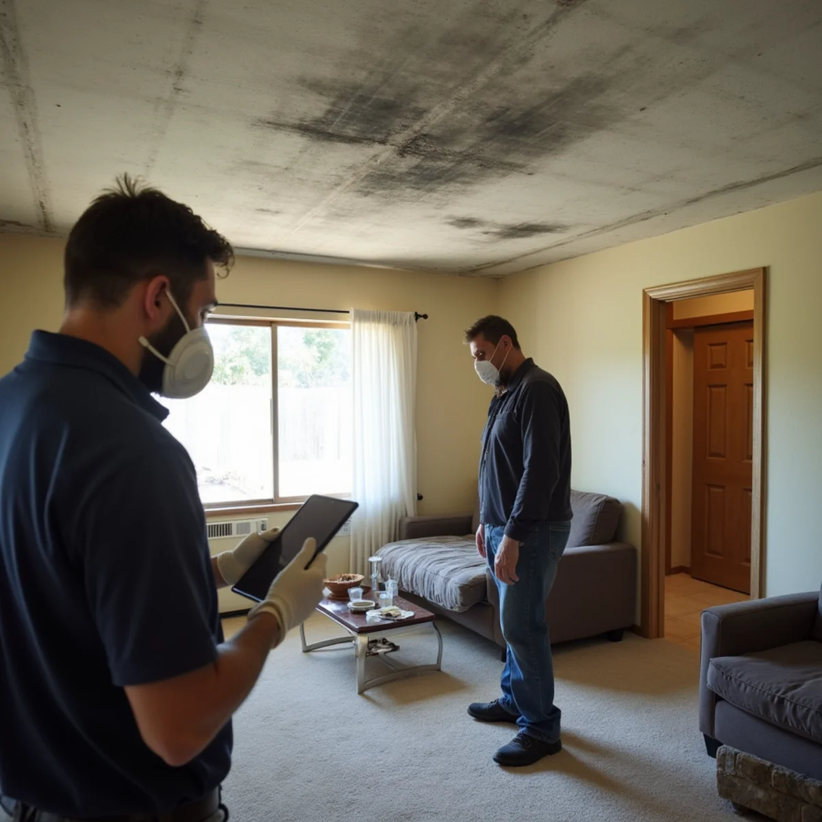 Fire restoration crew lead photographing smoke-stained ceilings room by room during a scope walkthrough in a Buena Park, CA ranch home