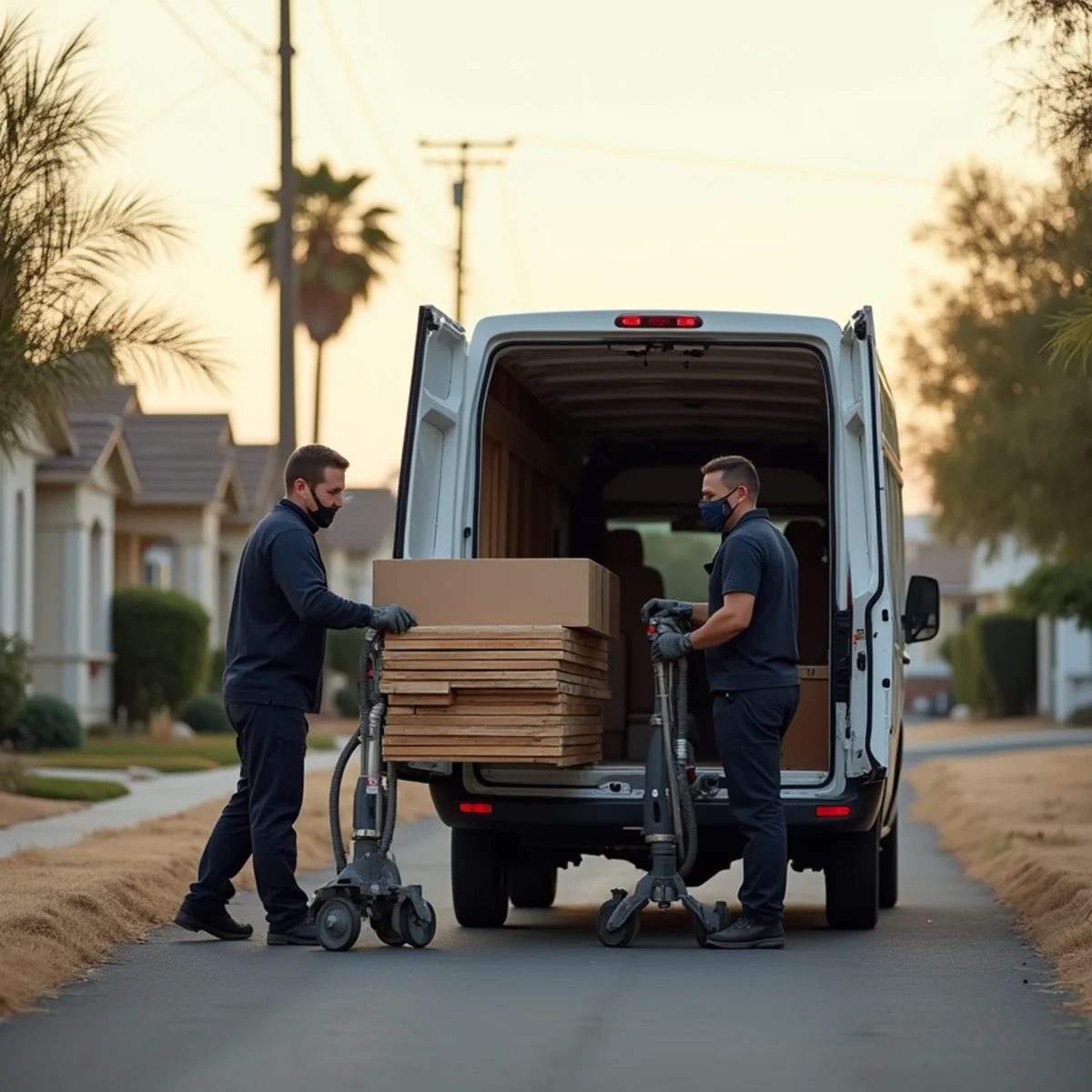 Fire restoration crew loading air scrubbers, plywood and pack-out boxes into an unmarked white work van in Buena Park, CA