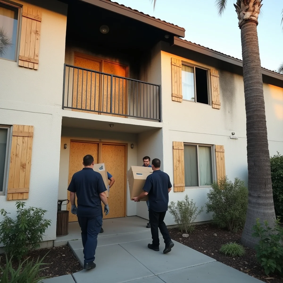 Boarded-up upstairs unit with soot above the window at a two-story apartment building after a fire in Orange County