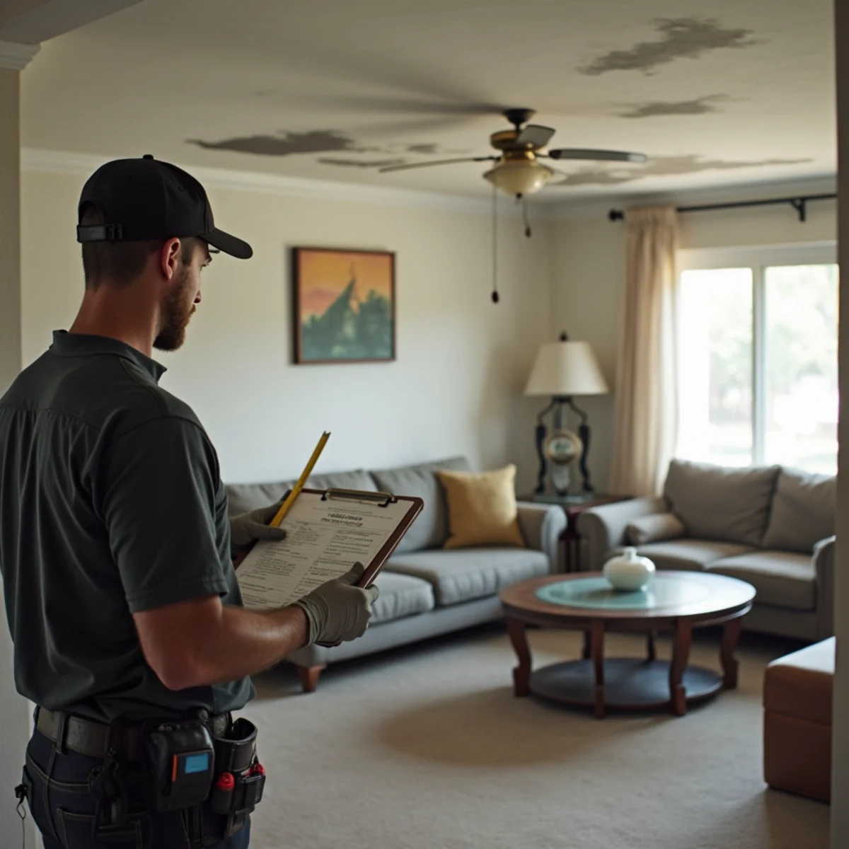 Restoration estimator writing an itemized scope on a clipboard in a smoke-stained living room of a Buena Park ranch home