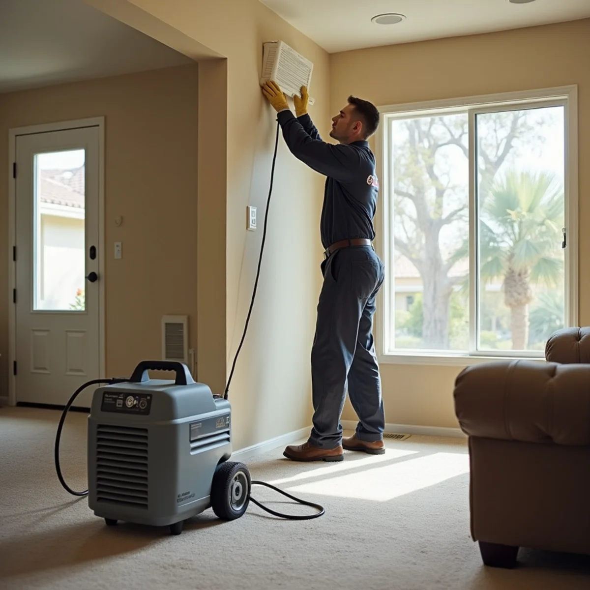 Hydroxyl generator running in a cleaned living room of an Anaheim tract home while a technician replaces an HVAC return filter