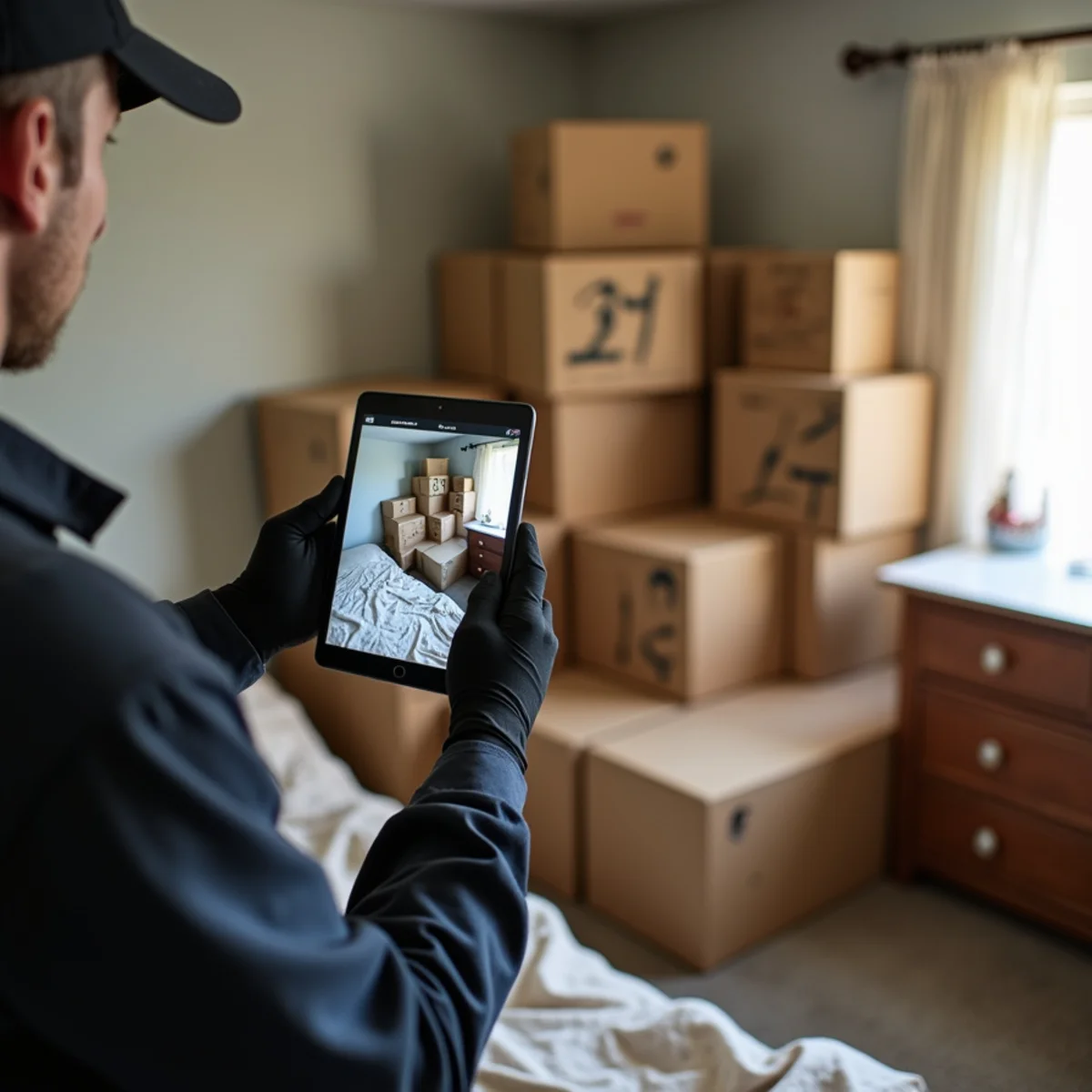 Numbered pack-out boxes and a tablet inventory in a smoke-damaged bedroom of a Buena Park home