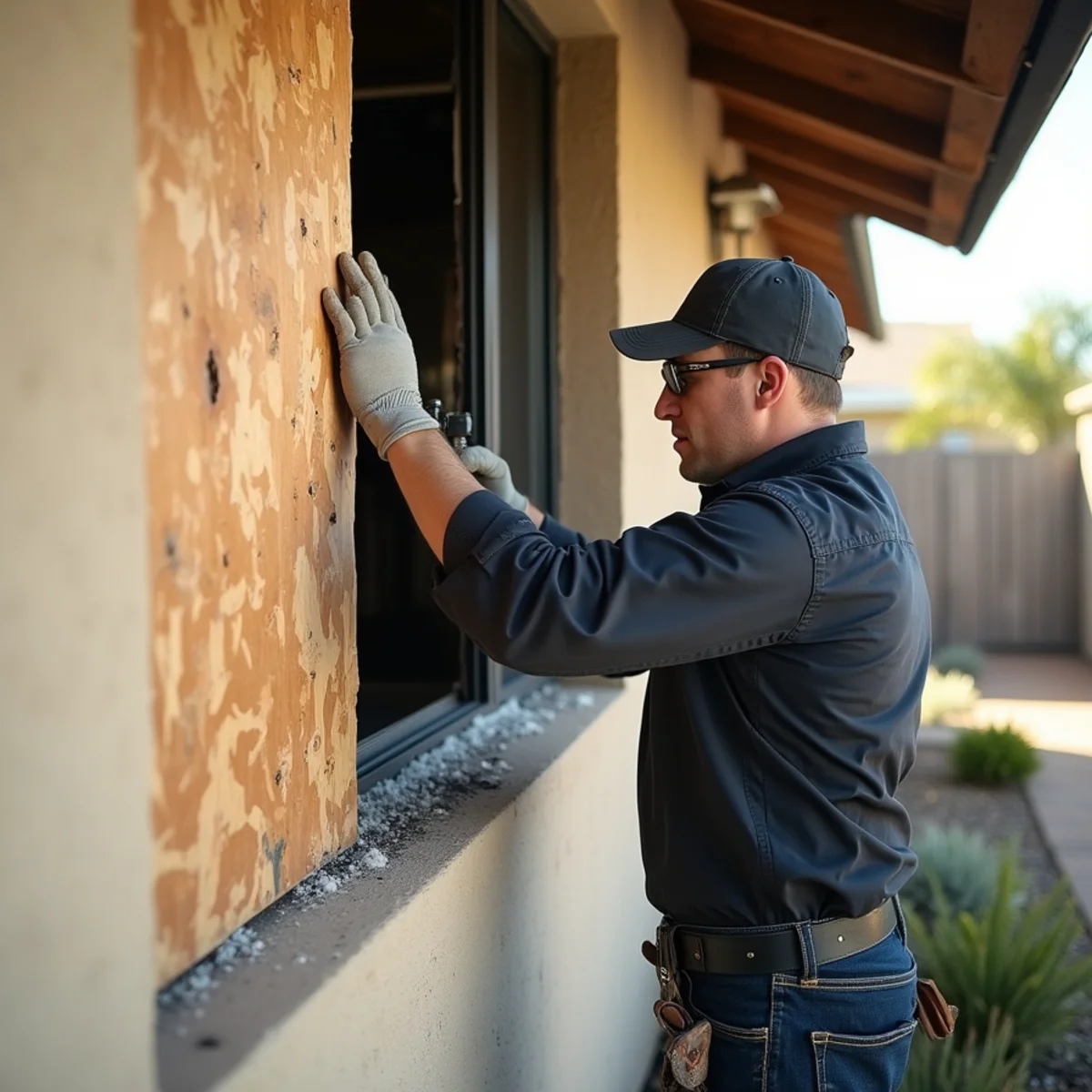 Technician fastening plywood over a fire-broken window on a stucco ranch home in Buena Park, CA