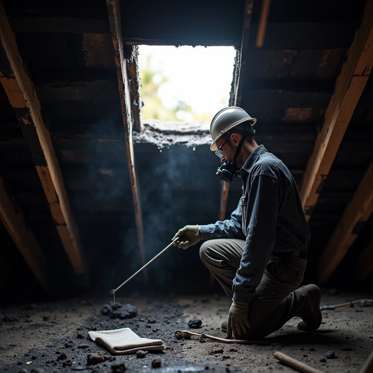 Contractor in a hard hat and respirator probing charred roof trusses and decking in the attic of a fire-damaged Buena Park ranch home