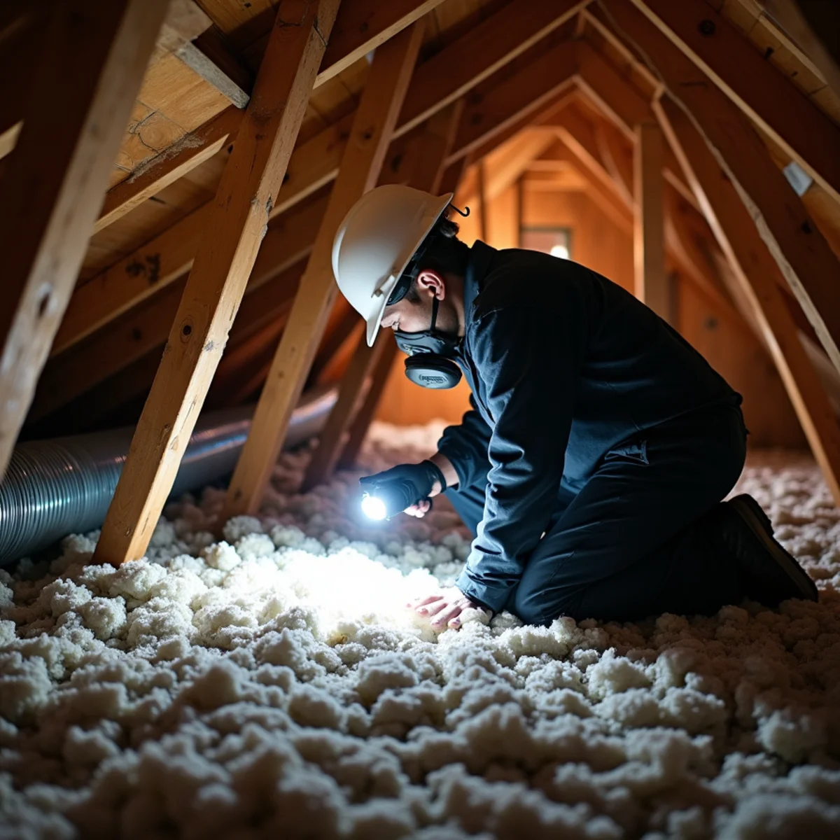 Technician with a flashlight inspecting smoke-stained attic insulation above the kitchen of a single-story Buena Park ranch home