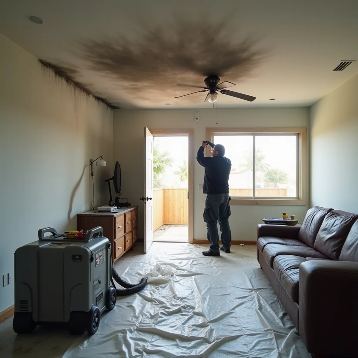 Air scrubber running in the living room of a smoke-damaged 1950s tract home in west Anaheim