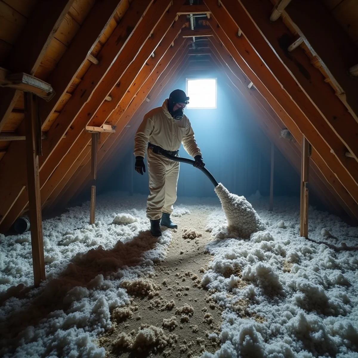 Worker in a respirator and coveralls removing smoke-damaged insulation from the open attic of a 1960s Buena Park ranch house
