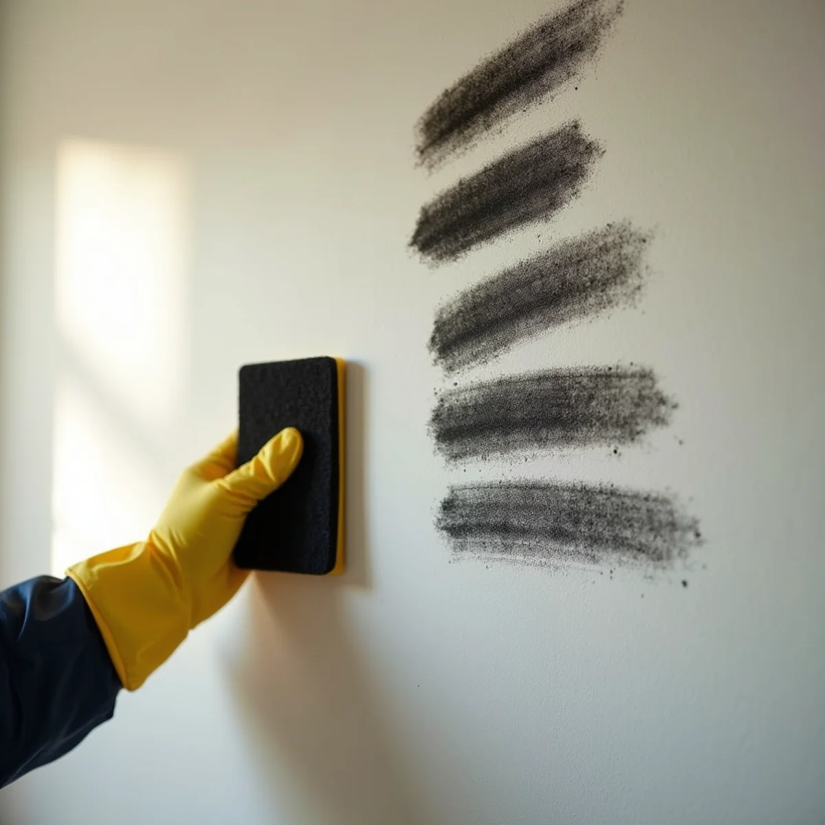 Gloved hand holding a dry chemical soot sponge beside soot streaks on a painted bedroom wall in a Buena Park house